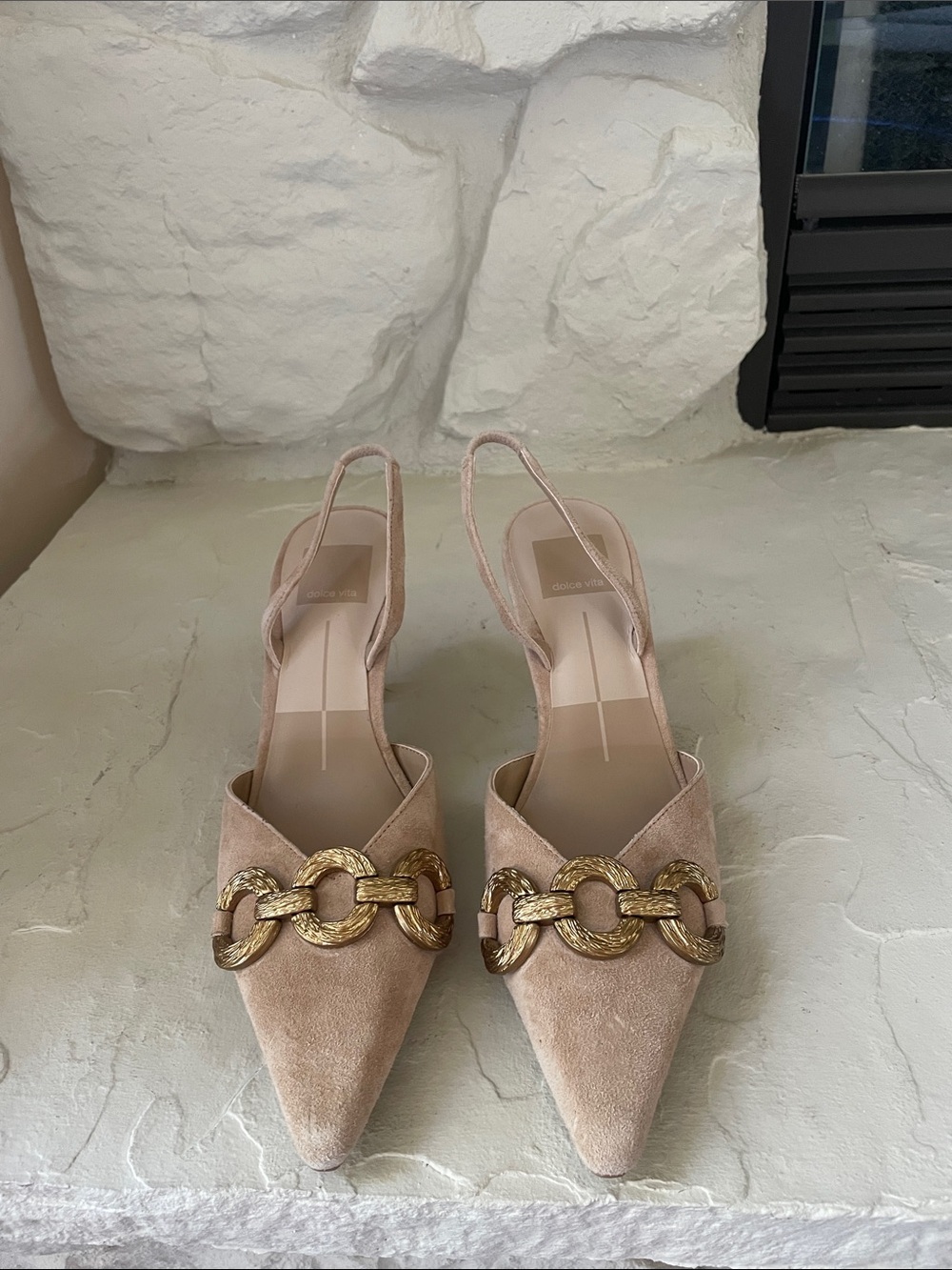 Dolce Vita Nude Suede Pointed Slingback Flats with Gold Chain